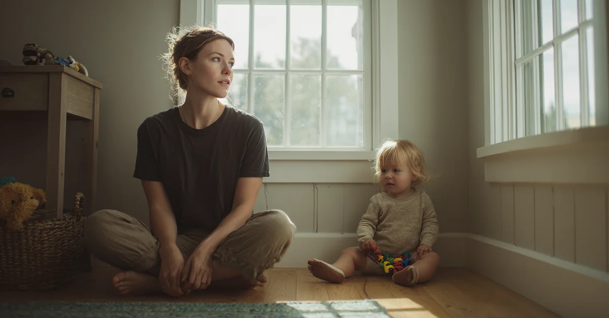 Woman sitting on the floor of a sunlit room beside her toddler, who is playing, while she looks out of the window