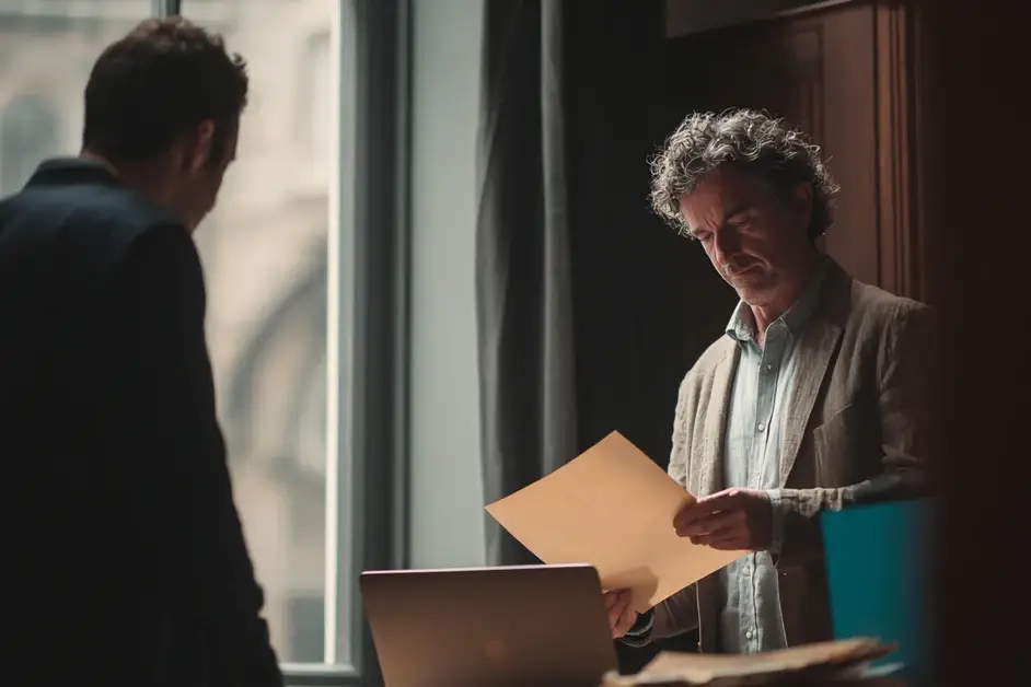 Man taking a document from a colleague beside a desk where his own open laptop and marked-up papers are already waiting