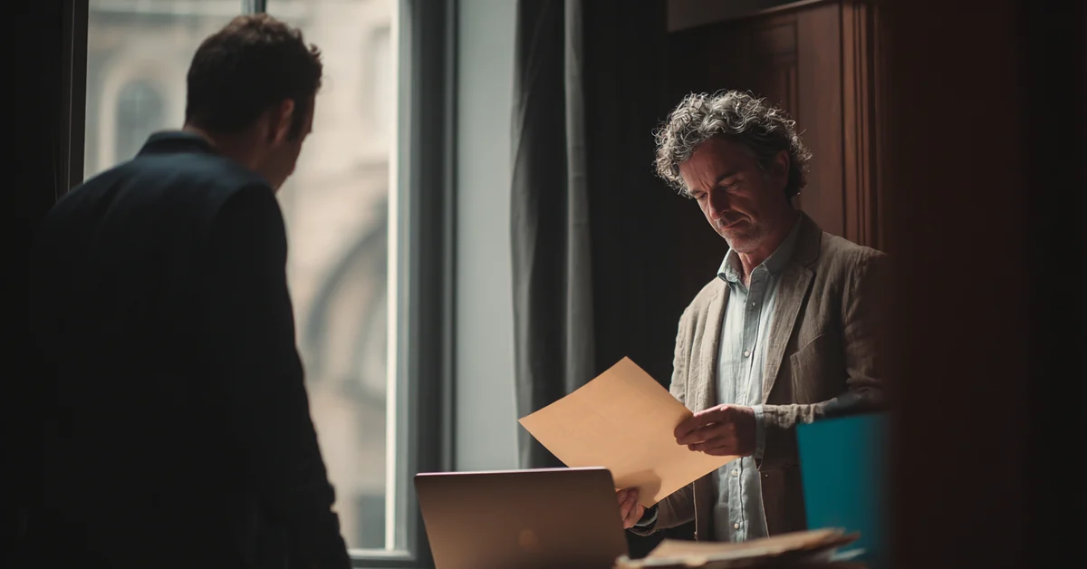 Man taking a document from a colleague beside a desk where his own open laptop and marked-up papers are already waiting