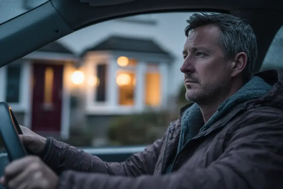 Man sitting in a parked car outside a lit house at dusk with both hands on the steering wheel