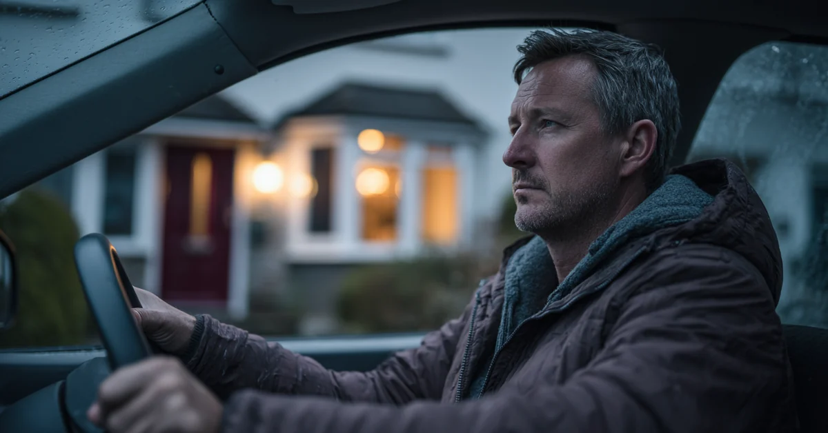 Man sitting in a parked car outside a lit house at dusk with both hands on the steering wheel