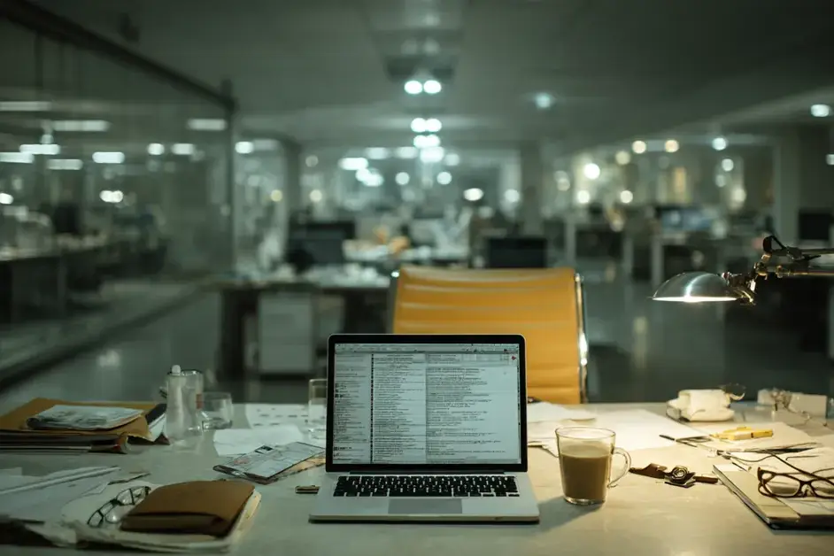 Empty office desk at night with a laptop, glasses, and cold coffee left behind in a dim workspace