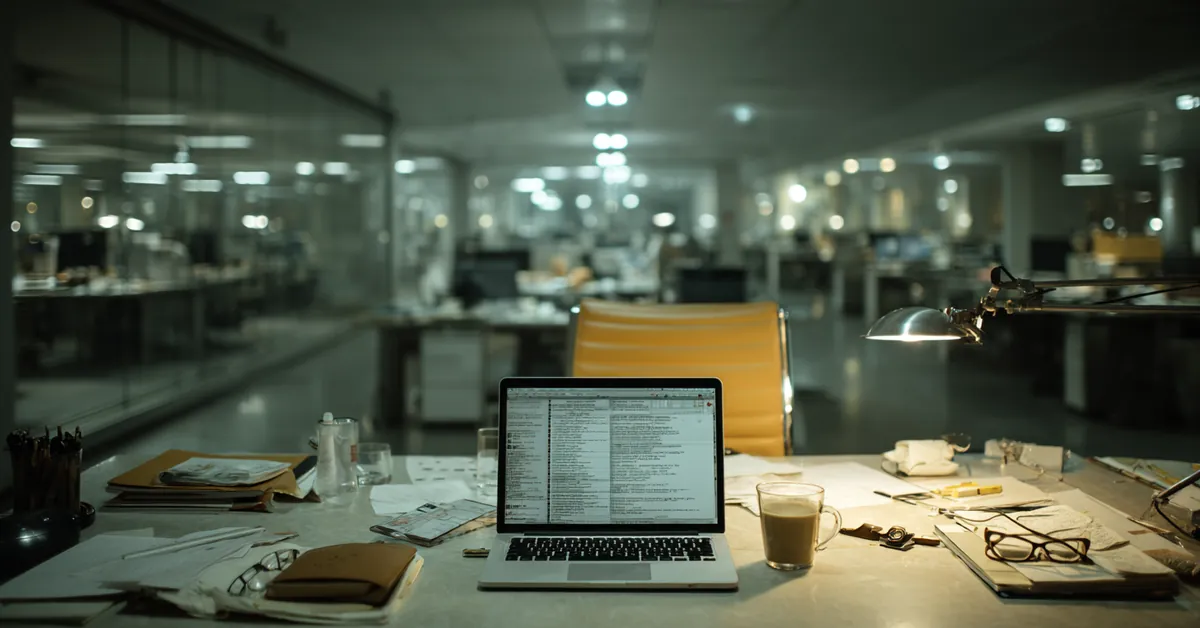 Empty office desk at night with a laptop, glasses, and cold coffee left behind in a dim workspace