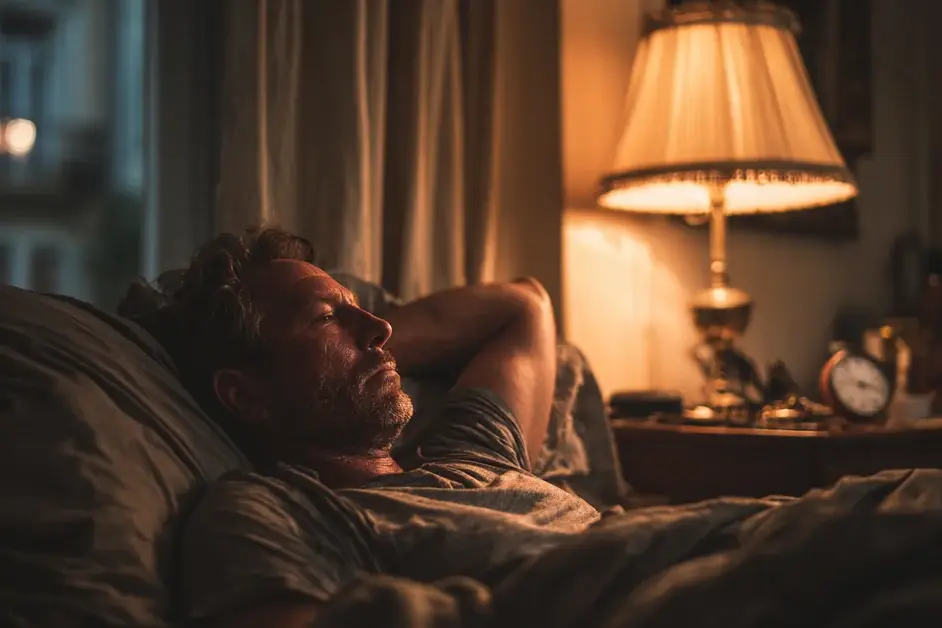 Man lying awake on his back in bed at night with his eyes open and one arm behind his head, a clock on the bedside table