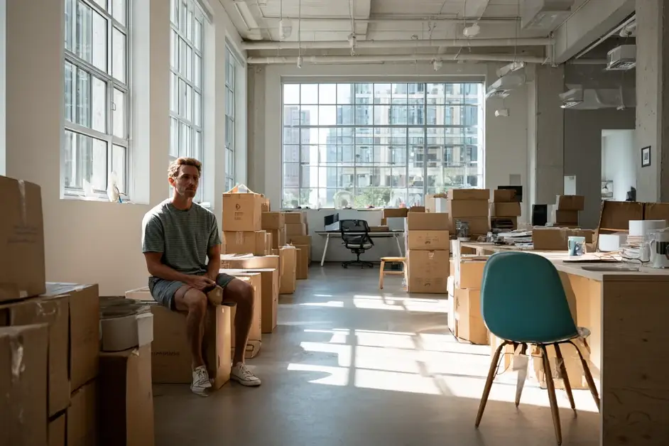 Man sitting alone among stacked packing boxes in a bright half-emptied loft office, looking toward the windows
