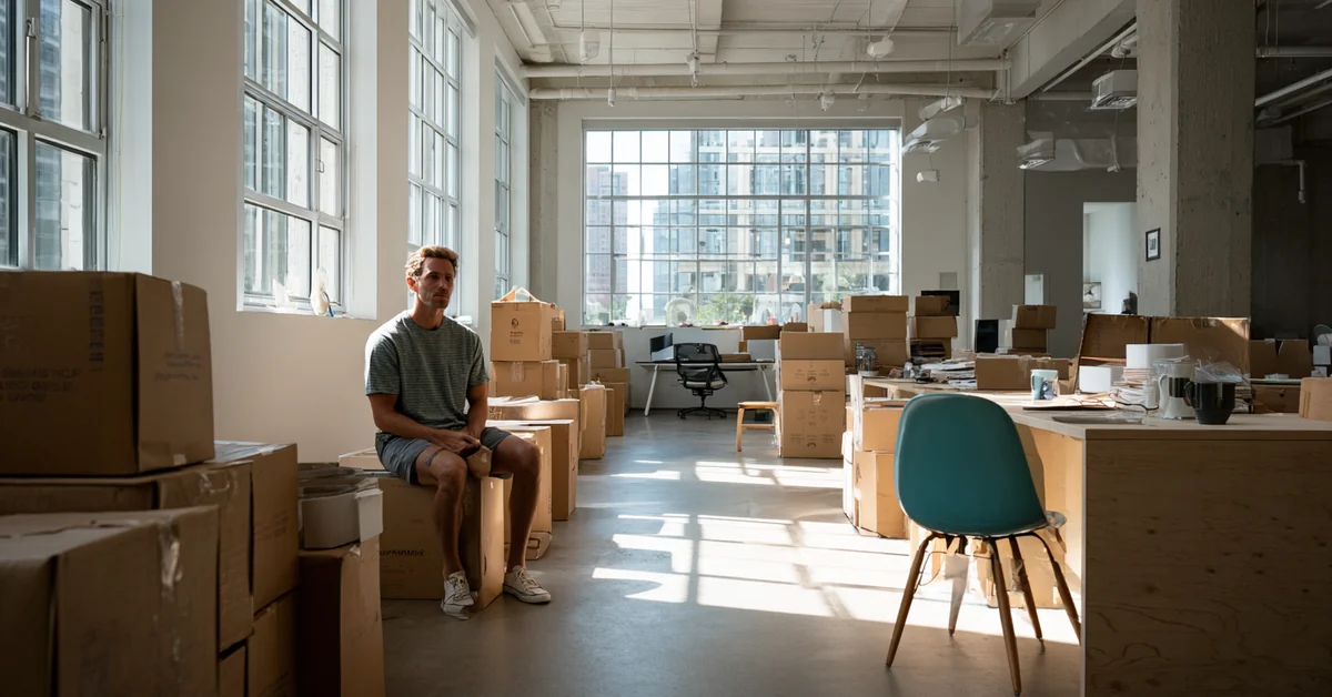Man sitting alone among stacked packing boxes in a bright half-emptied loft office, looking toward the windows