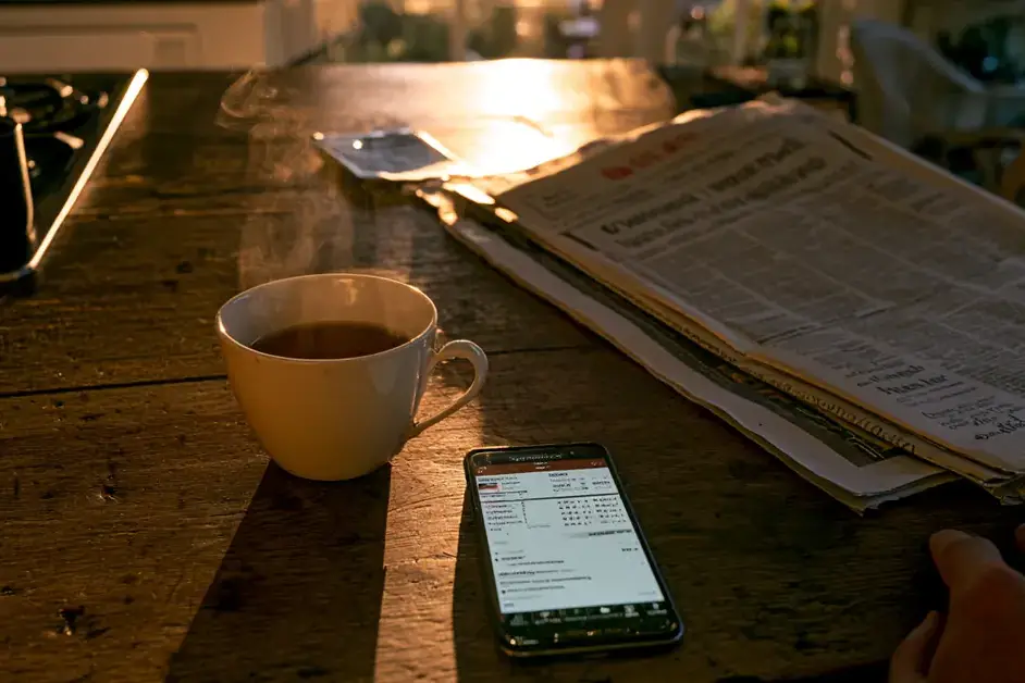 Steaming coffee cup, phone, and folded newspaper on a wooden kitchen table lit by warm evening sunlight
