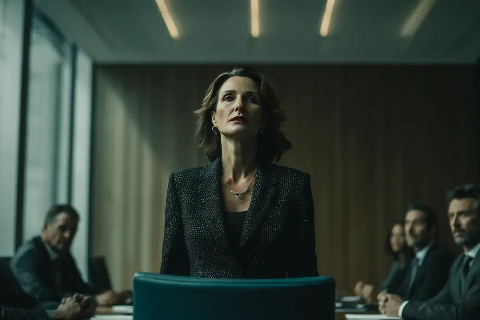 Woman standing at the head of a boardroom table addressing seated directors on both sides