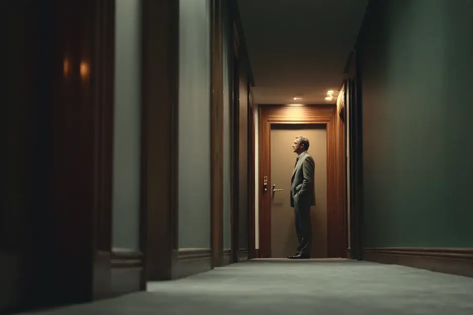 Man in business dress standing still in a corridor outside a closed office door, hand not yet raised to knock