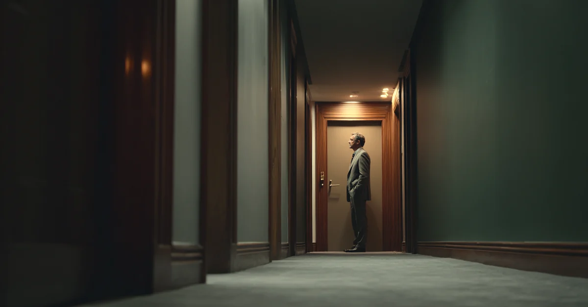 Man in business dress standing still in a corridor outside a closed office door, hand not yet raised to knock