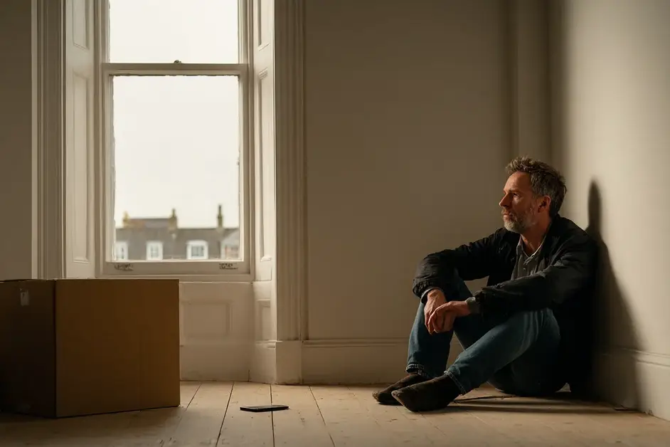 Man sitting on the floor against the wall of a bare unfurnished flat, one knee up, a single box and a phone nearby
