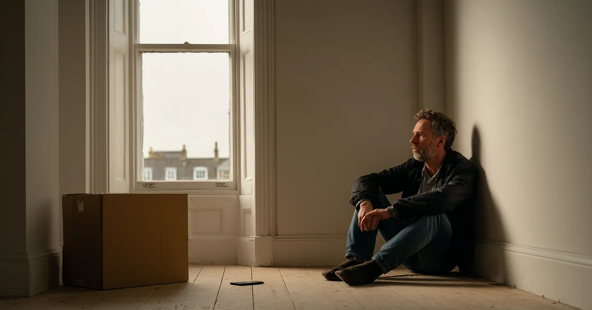 Man sitting on the floor against the wall of a bare unfurnished flat, one knee up, a single box and a phone nearby