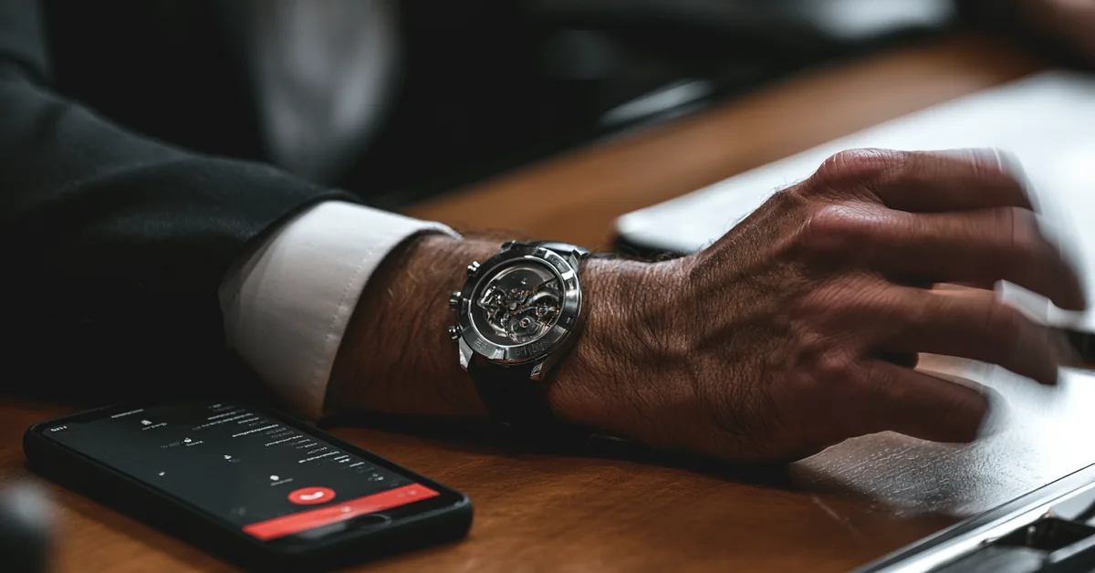 Close-up of a wrist wearing a mechanical watch reaching toward a laptop beside a ringing phone