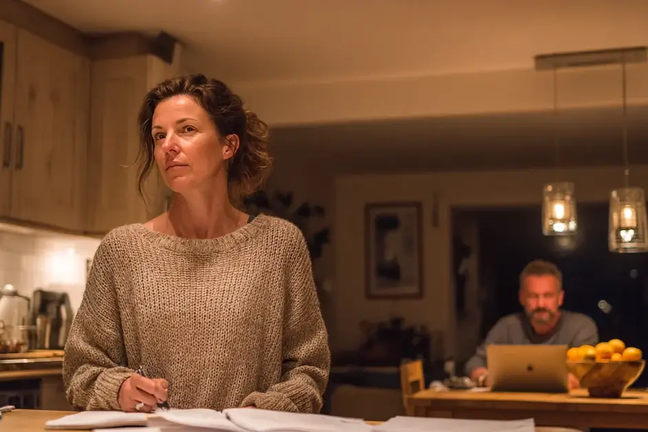 Woman standing at a kitchen island in the evening with a calendar and stacks of paperwork spread out, a man working on a laptop at the table behind her