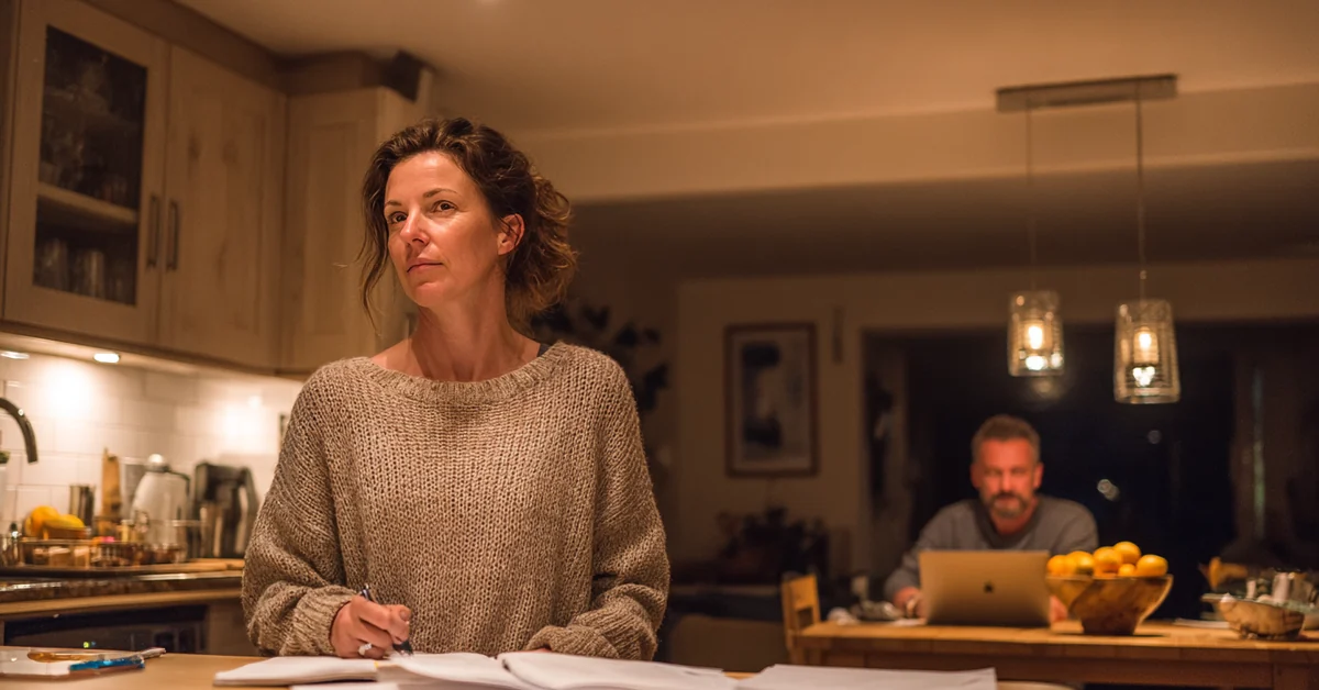 Woman standing at a kitchen island in the evening with a calendar and stacks of paperwork spread out, a man working on a laptop at the table behind her
