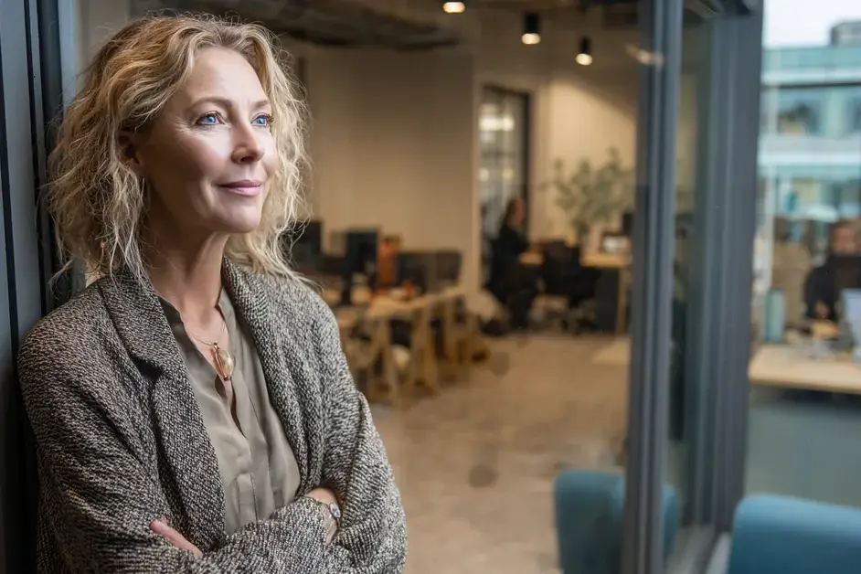 Woman standing at an internal office window looking out over a small working floor with people at desks
