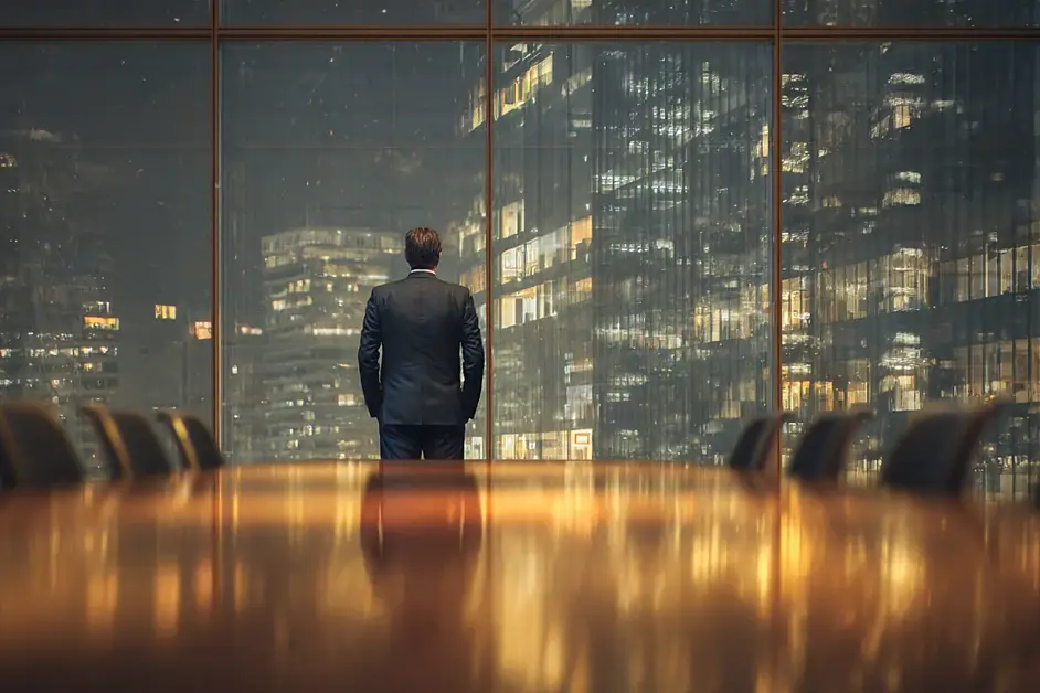 A law firm partner standing alone at the glass wall of an empty conference room at night