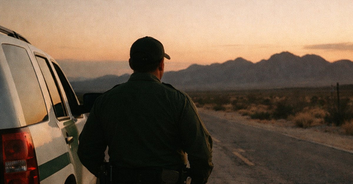 A Border Patrol agent standing beside his vehicle on an empty desert road at dusk, seen from behind.