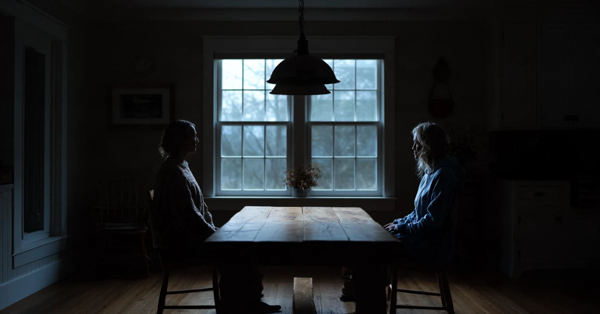 Two partners sitting in silence at opposite ends of a long kitchen table