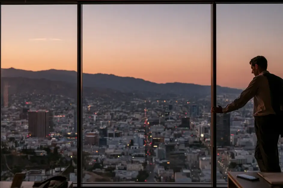 Professional alone at an office window above Los Angeles at dusk, illustrating anxiety therapy Los Angeles with CEREVITY
