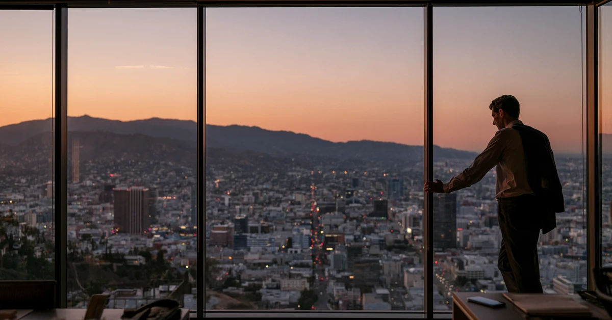 Professional alone at an office window above Los Angeles at dusk, illustrating anxiety therapy Los Angeles with CEREVITY