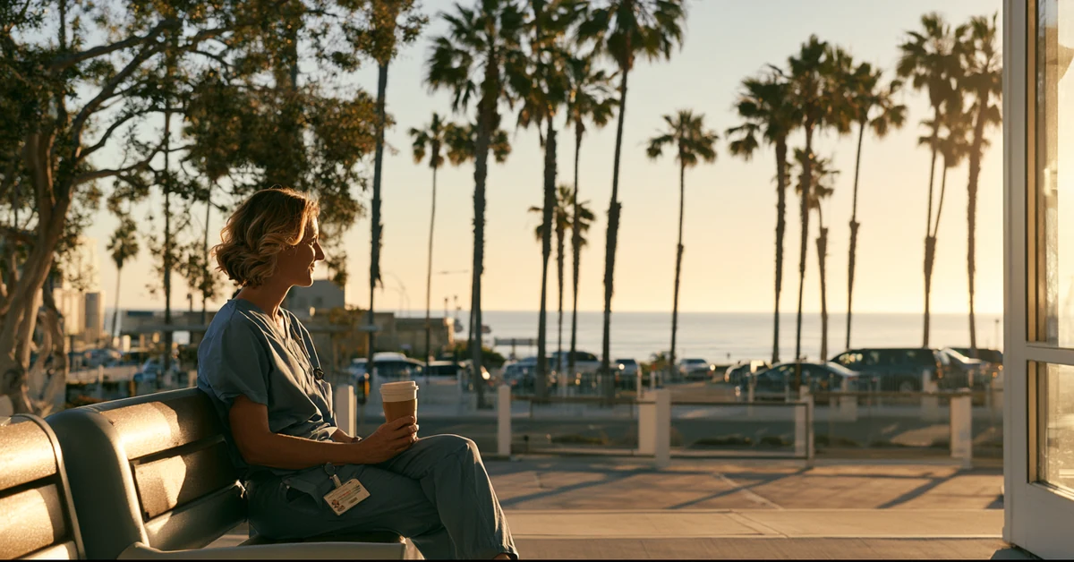 Clinician in scrubs sitting alone outside a San Diego hospital at sunrise, illustrating anxiety therapy San Diego with CEREVITY