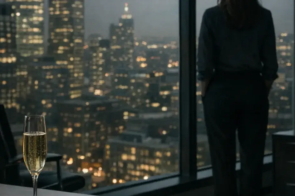 Woman standing at a corner-office window at night with an untouched glass of champagne on the desk behind her, illustrating the arrival fallacy