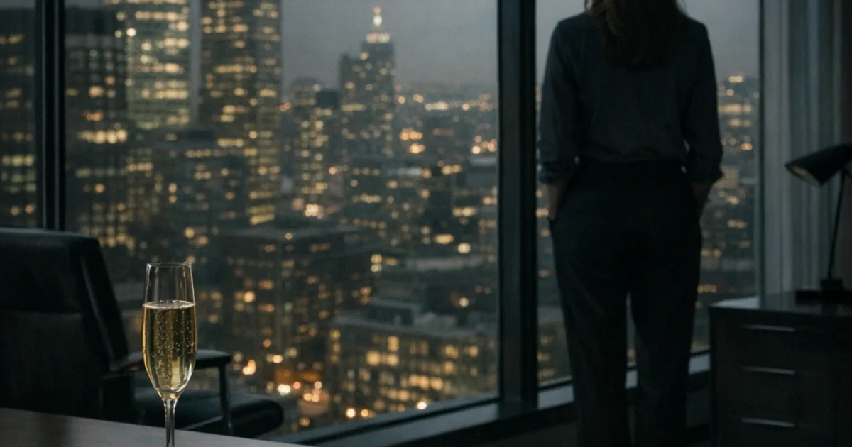 Woman standing at a corner-office window at night with an untouched glass of champagne on the desk behind her, illustrating the arrival fallacy