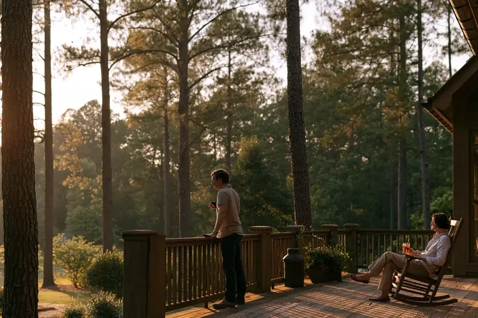 Couple a few feet apart on the porch of an Atlanta home under pines at dusk, illustrating couples therapy Atlanta with CEREVITY