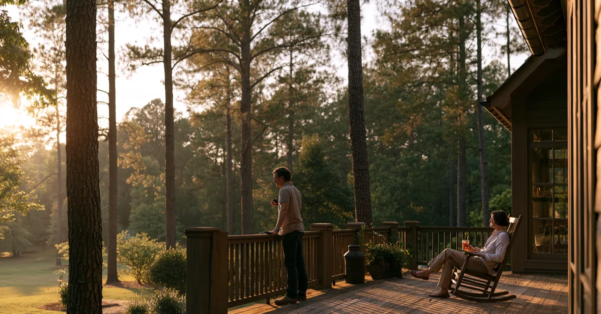 Couple a few feet apart on the porch of an Atlanta home under pines at dusk, illustrating couples therapy Atlanta with CEREVITY