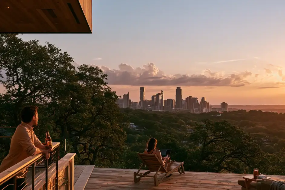 Couple a few feet apart on the deck of a house in the Austin hills at dusk, illustrating couples therapy Austin with CEREVITY