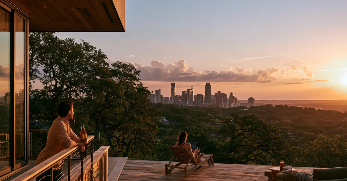 Couple a few feet apart on the deck of a house in the Austin hills at dusk, illustrating couples therapy Austin with CEREVITY