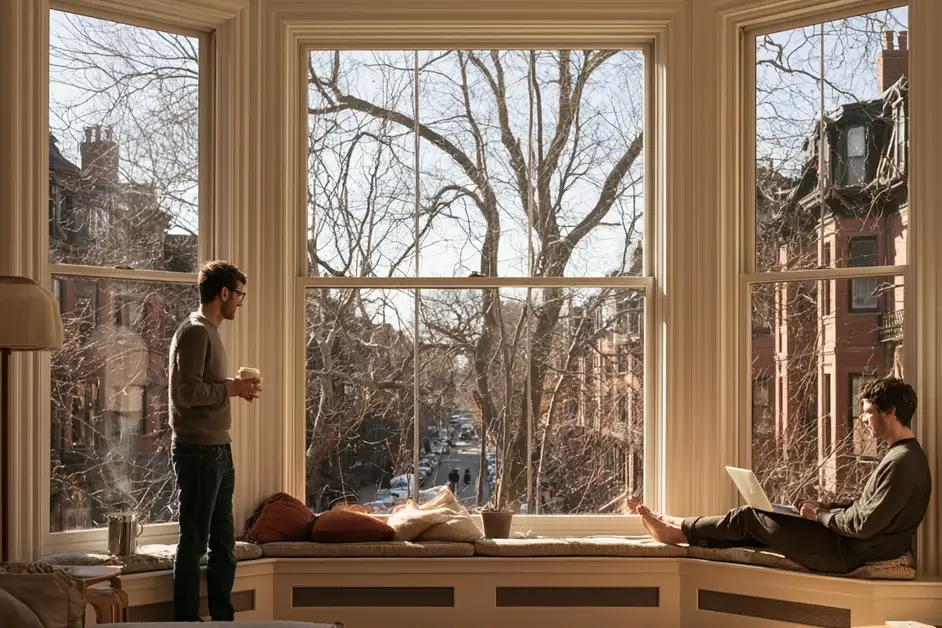 Couple a few feet apart in the bay window of a Boston brownstone in late winter, illustrating couples therapy Boston with CEREVITY