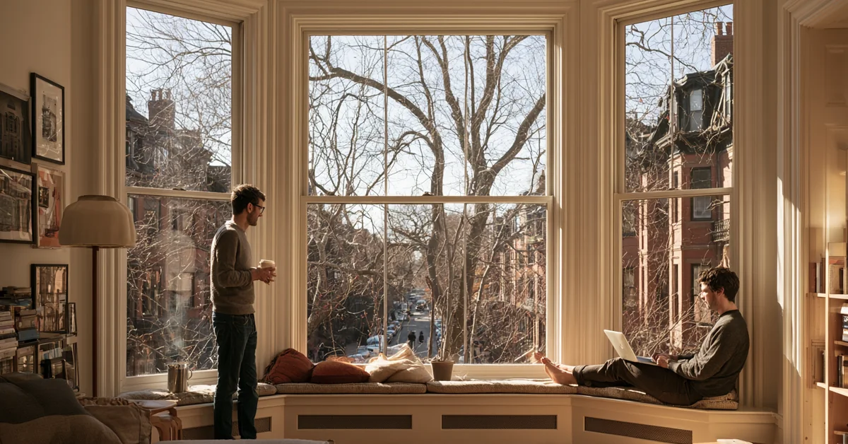 Couple a few feet apart in the bay window of a Boston brownstone in late winter, illustrating couples therapy Boston with CEREVITY