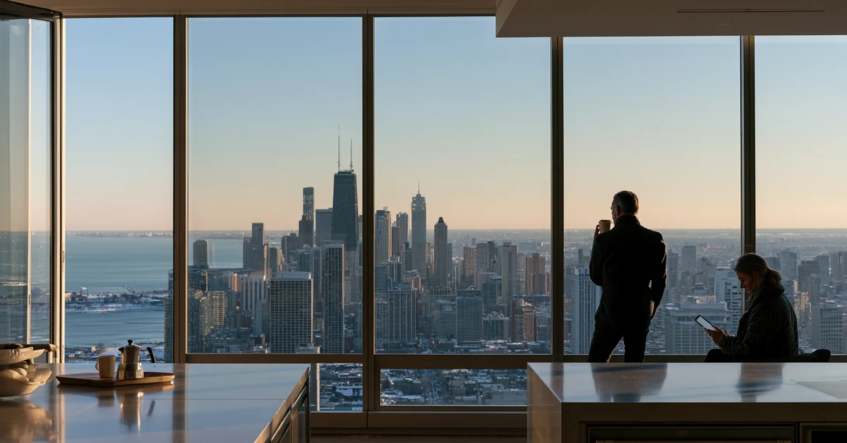Couple a few feet apart in a Chicago high-rise apartment with the winter lakefront behind them, illustrating couples therapy Chicago with CEREVITY