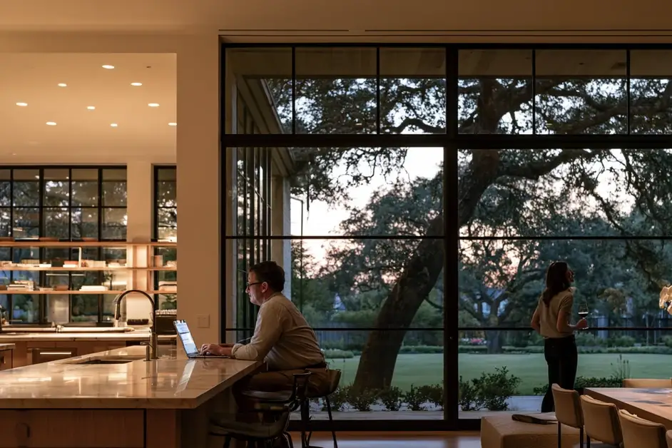 Couple a few feet apart in the kitchen of a Dallas home at dusk, illustrating couples therapy Dallas with CEREVITY