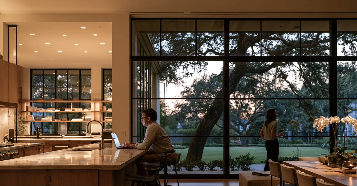 Couple a few feet apart in the kitchen of a Dallas home at dusk, illustrating couples therapy Dallas with CEREVITY