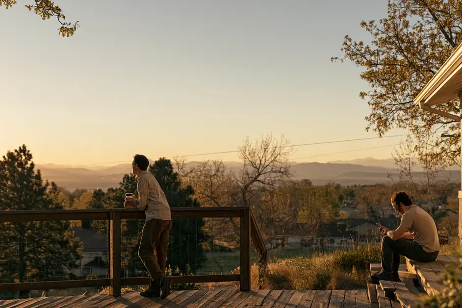 Couple a few feet apart on the deck of a Denver bungalow with the Front Range in the distance, illustrating couples therapy Denver with CEREVITY
