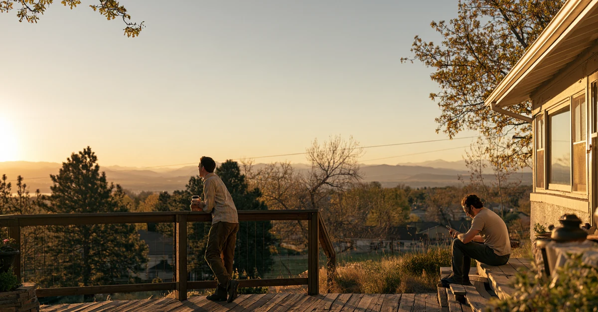 Couple a few feet apart on the deck of a Denver bungalow with the Front Range in the distance, illustrating couples therapy Denver with CEREVITY