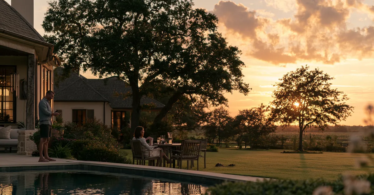 Couple a few feet apart on the patio of a Houston home at dusk, illustrating couples therapy Houston with CEREVITY