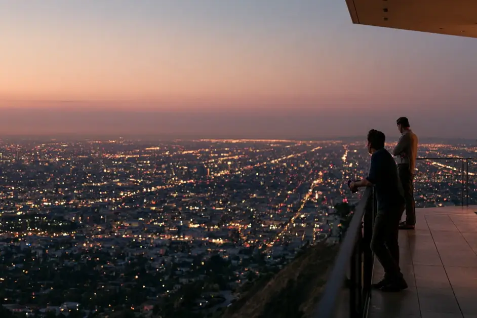 Couple standing apart on a hillside balcony above Los Angeles at dusk, illustrating couples therapy Los Angeles with CEREVITY
