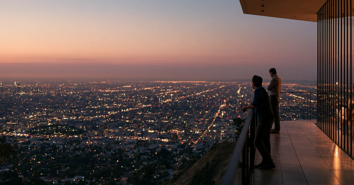 Couple standing apart on a hillside balcony above Los Angeles at dusk, illustrating couples therapy Los Angeles with CEREVITY