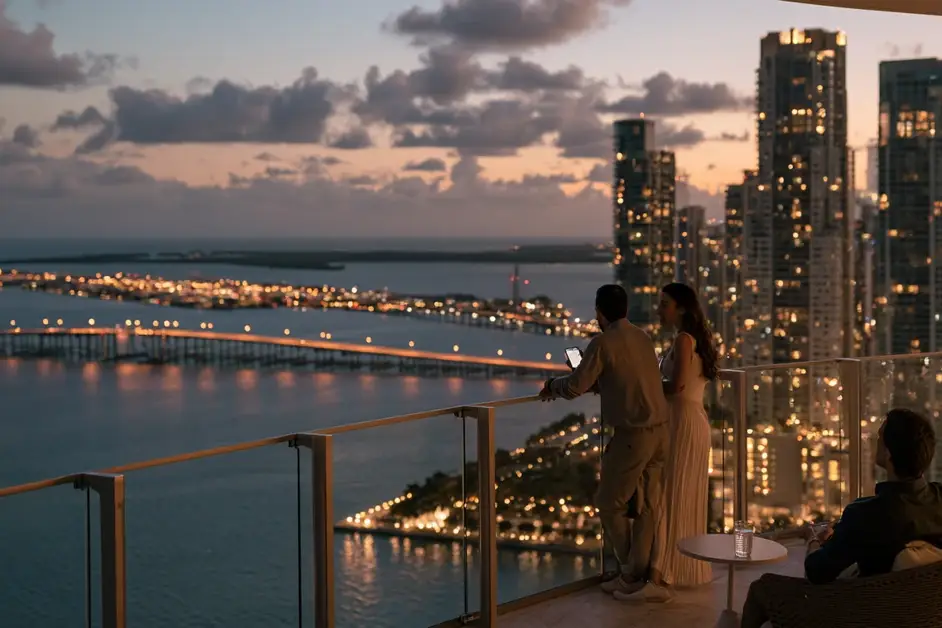 Couple a few feet apart on a Miami high-rise terrace over Biscayne Bay at dusk, illustrating couples therapy Miami with CEREVITY
