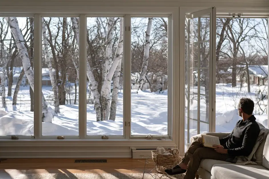 Couple a few feet apart in a Minneapolis living room with snow outside, illustrating couples therapy Minneapolis with CEREVITY