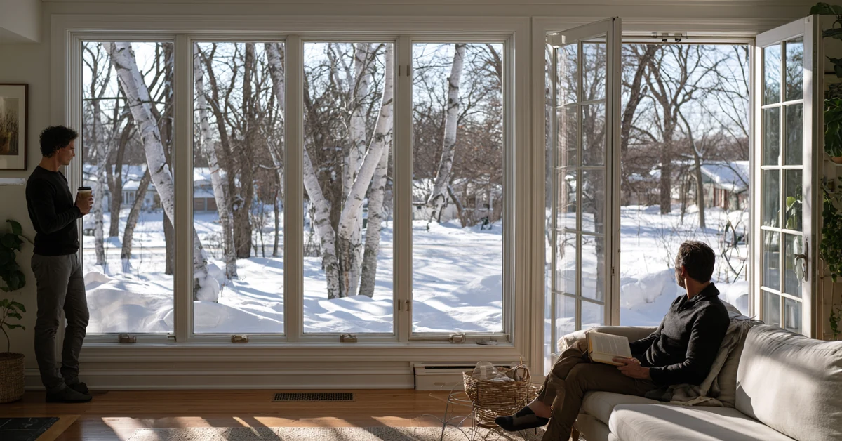 Couple a few feet apart in a Minneapolis living room with snow outside, illustrating couples therapy Minneapolis with CEREVITY