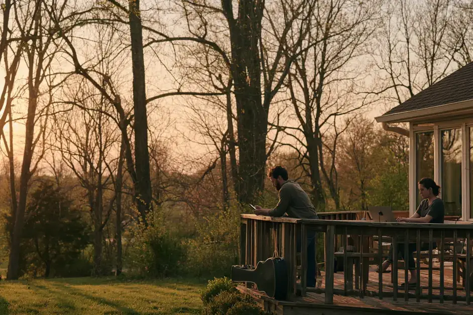 Couple a few feet apart on the deck of a Nashville home at dusk, illustrating couples therapy Nashville with CEREVITY