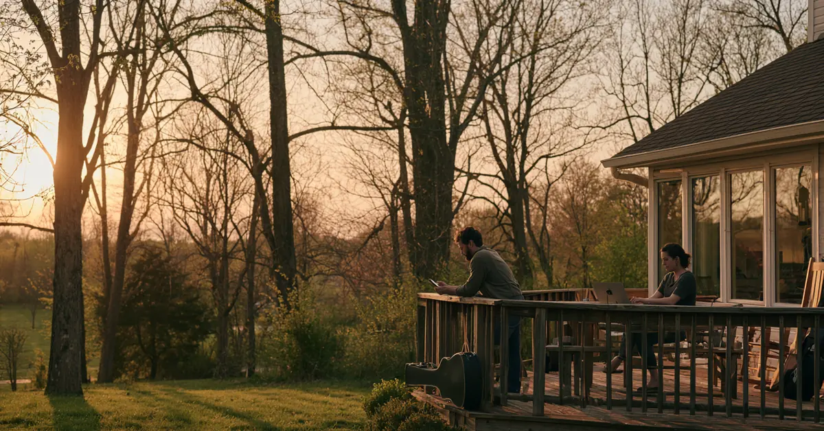 Couple a few feet apart on the deck of a Nashville home at dusk, illustrating couples therapy Nashville with CEREVITY