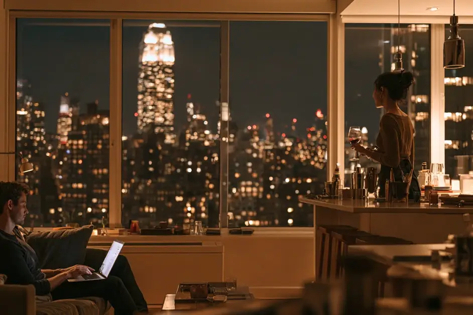 Couple a few feet apart in a Manhattan apartment at night with the city through the window, illustrating couples therapy New York City with CEREVITY