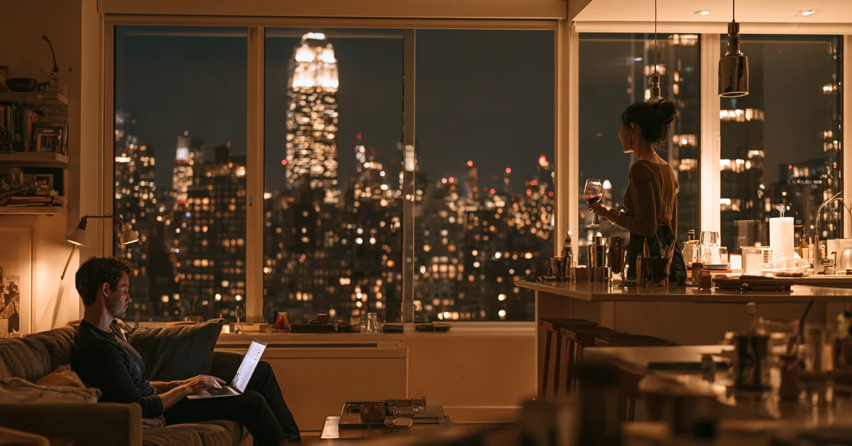 Couple a few feet apart in a Manhattan apartment at night with the city through the window, illustrating couples therapy New York City with CEREVITY