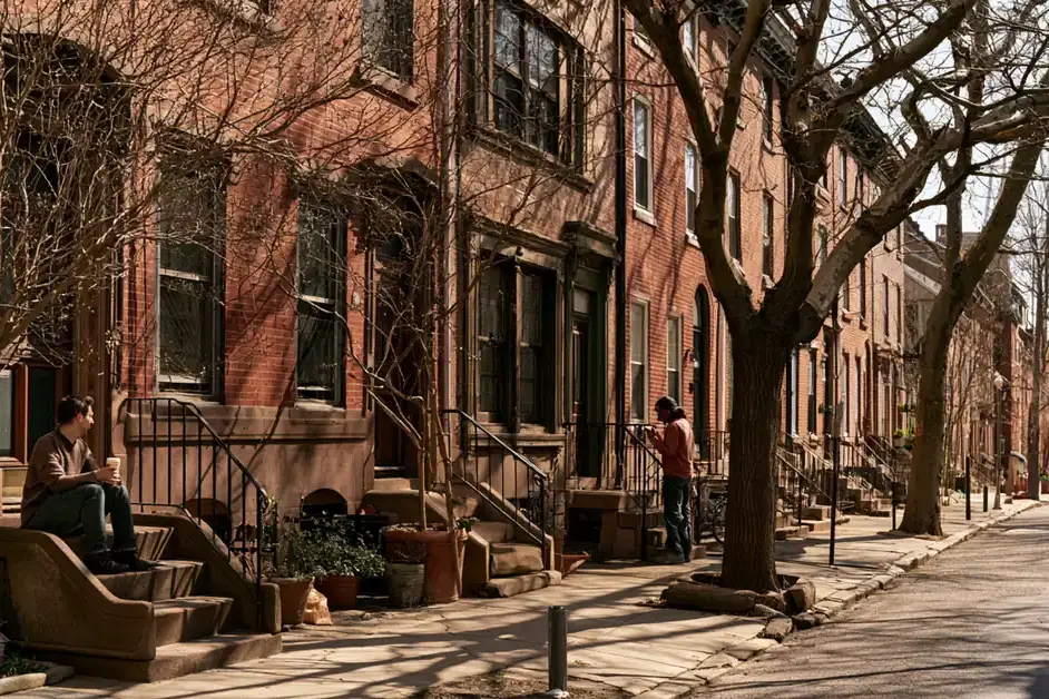 Couple a few feet apart on the steps of a Philadelphia rowhouse in early spring, illustrating couples therapy Philadelphia with CEREVITY